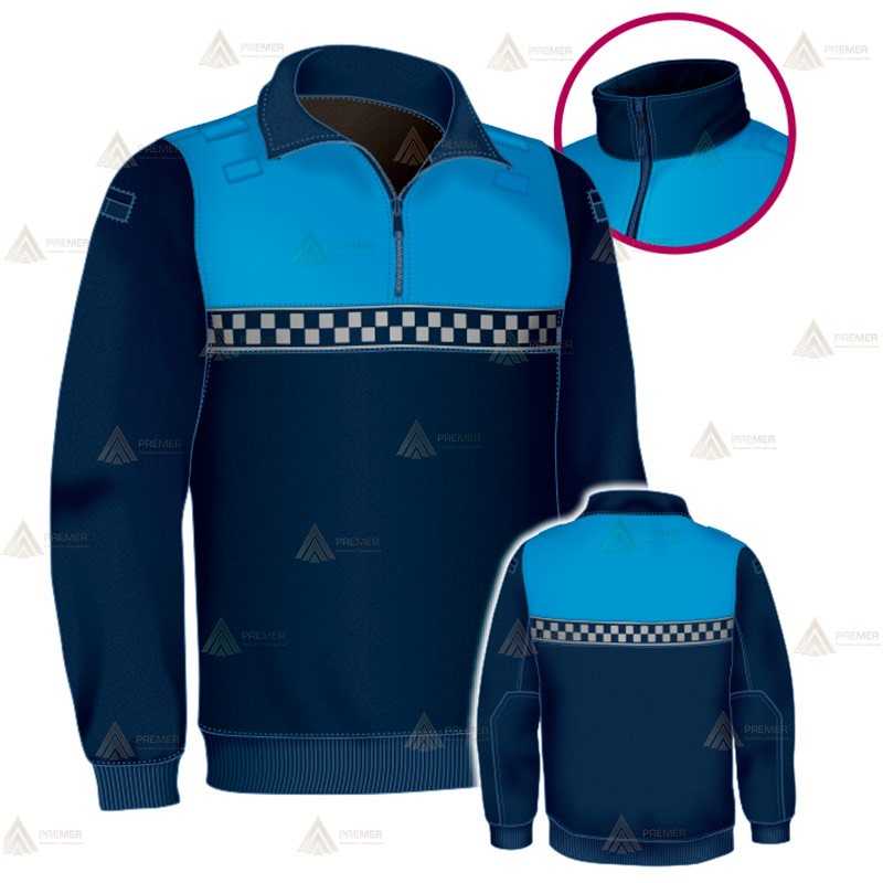 Jersey polar bicolor azul marino y azul tropical de media cremallera con cinta damero reflectante para Policía Local