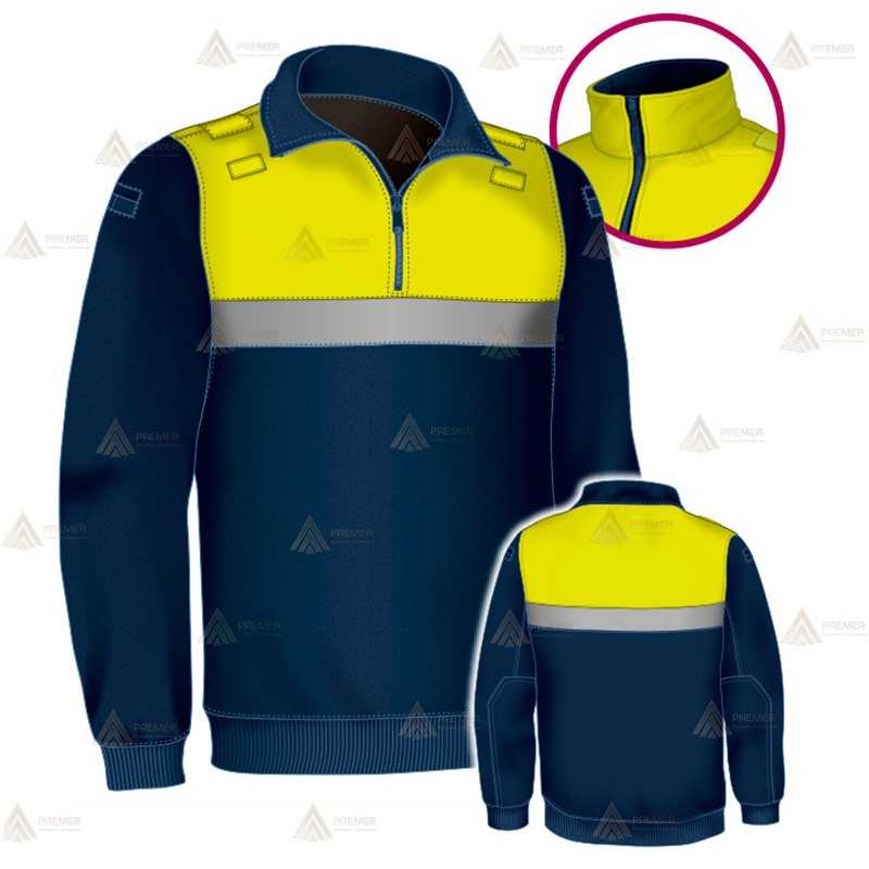 Jersey polar bicolor azul marino y amarillo flúor de media cremallera con cinta reflectante para Policía Local