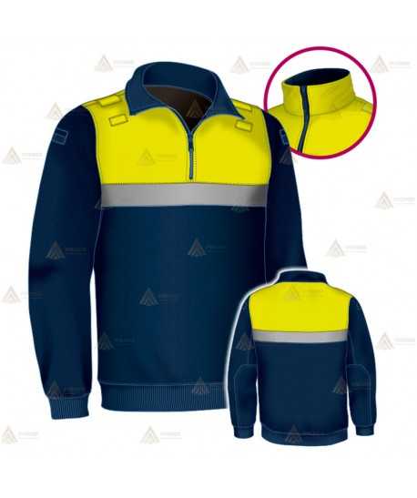 Jersey polar bicolor azul marino y amarillo flúor de media cremallera con cinta reflectante para Policía Local