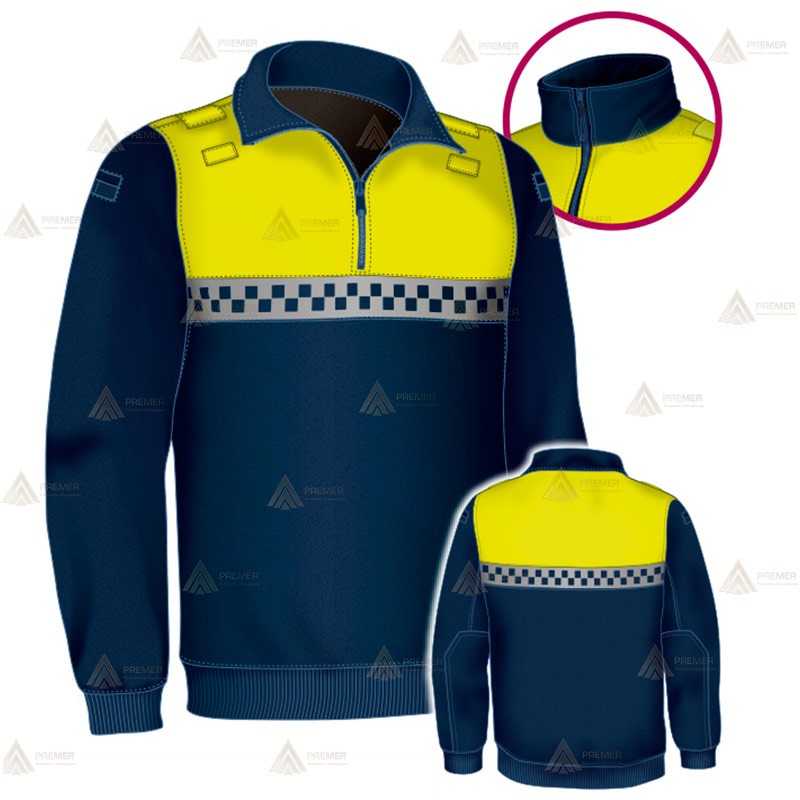 Jersey polar bicolor azul marino y amarillo flúor de media cremallera con damero reflectante para Policía Local