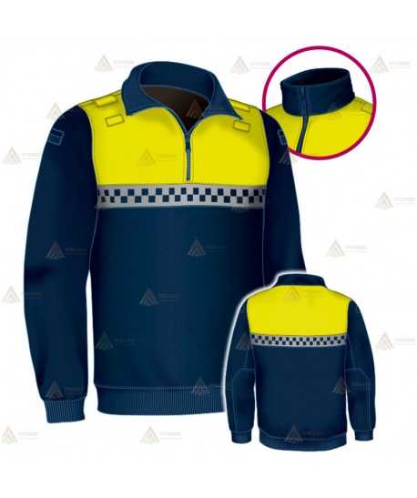 Jersey polar bicolor azul marino y amarillo flúor de media cremallera con damero reflectante para Policía Local