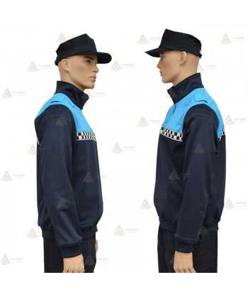 Jersey softshell bicolor color marino y azul tropical con membrana y cinta damero reflectante  para Policía Local