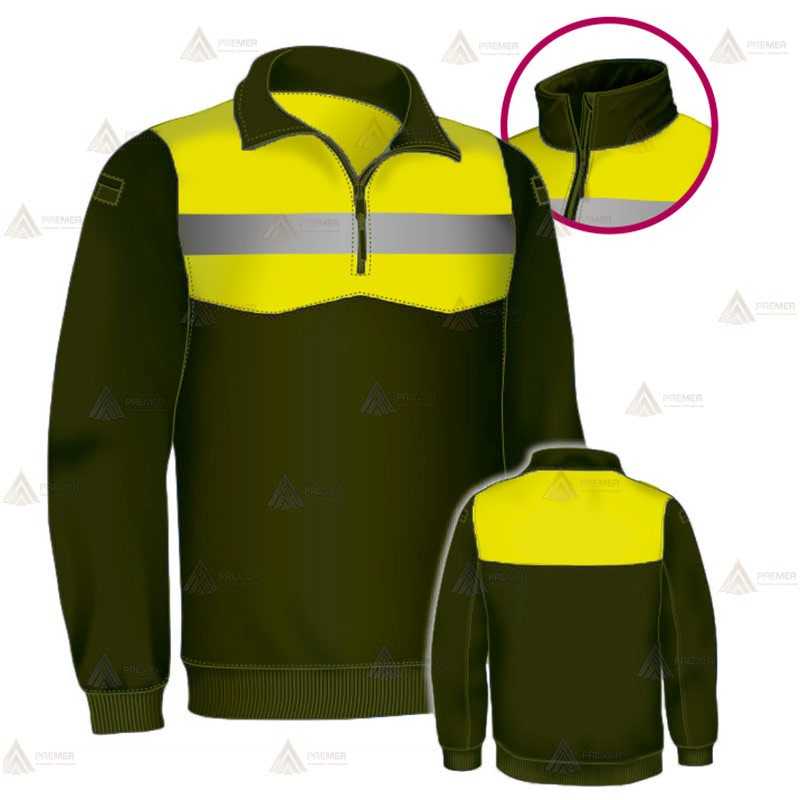 Jersey softshell bicolor con membrana PU color verde militar y amarillo flúor para Agentes Rurales y Medioambientales