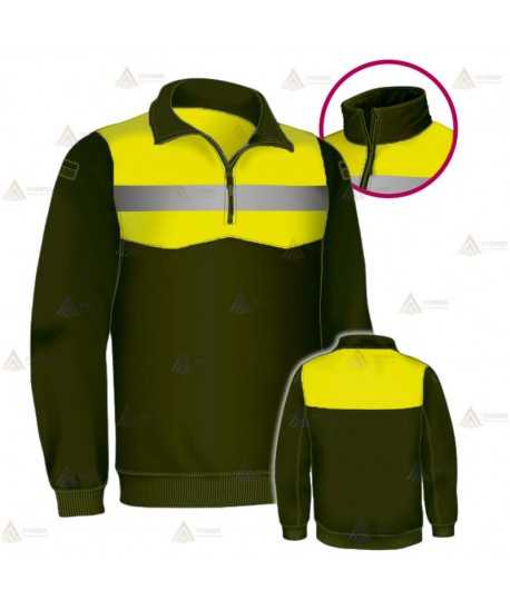 Jersey softshell bicolor con membrana PU color verde militar y amarillo flúor para Agentes Rurales y Medioambientales