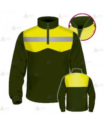Polo con cuello cisne para Agentes Forestales y Medioambientales en color verde militar y amarillo flúor