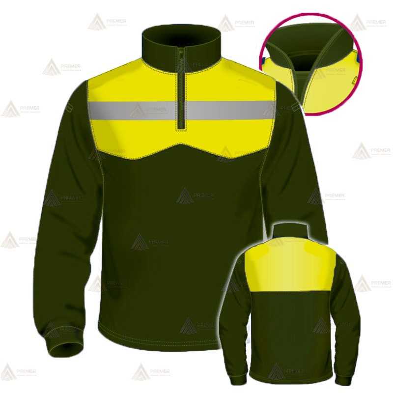Polo con cuello cisne para Agentes Forestales y Medioambientales en color verde militar y amarillo flúor
