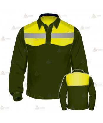Polo de manga larga para Agentes Forestales y Medioambientales en color verde militar y amarillo flúor