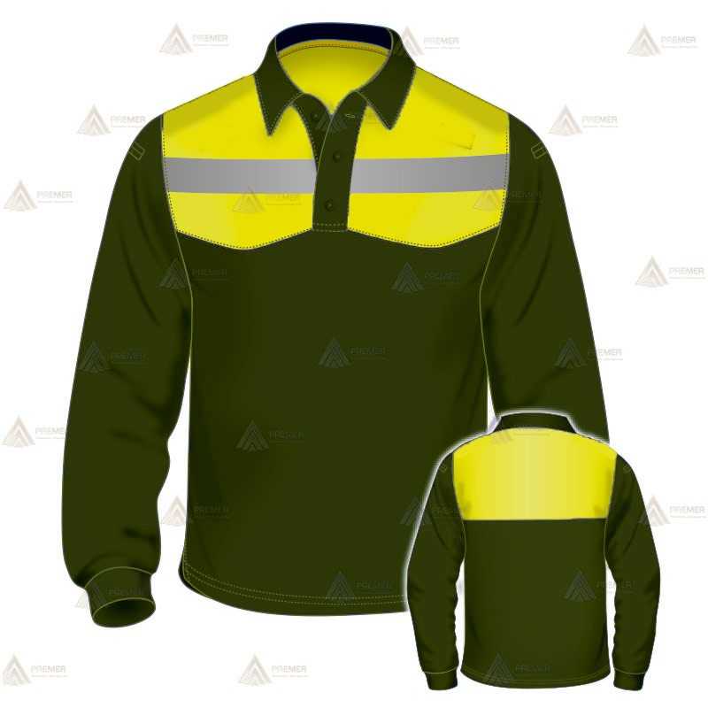 Polo de manga larga para Agentes Forestales y Medioambientales en color verde militar y amarillo flúor