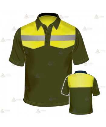 Polo transpirable de manga corta para Agentes Forestales en color verde militar y amarillo flúor