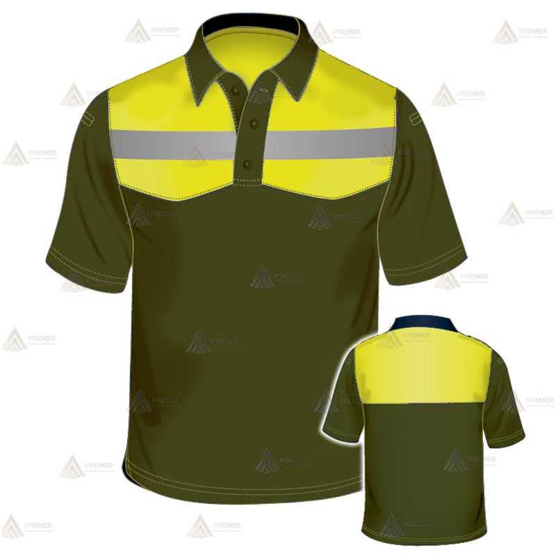 Polo transpirable de manga corta para Agentes Forestales en color verde militar y amarillo flúor