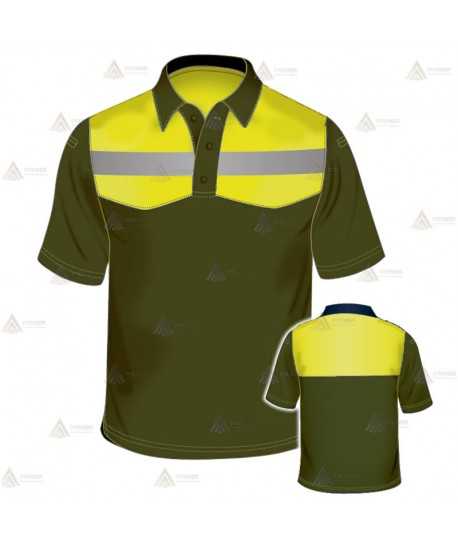 Polo transpirable de manga corta para Agentes Forestales en color verde militar y amarillo flúor