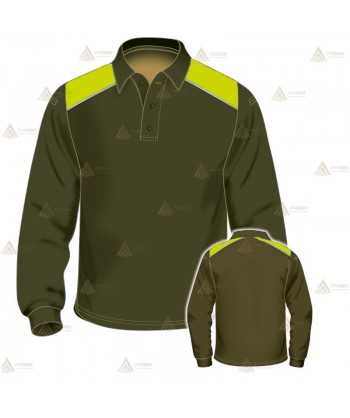 Polo de manga larga para Agentes Forestales y Medioambientales en color verde militar y amarillo flúor