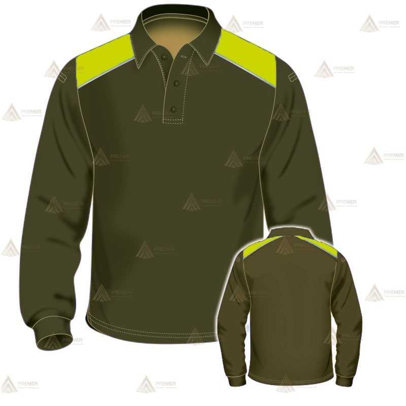 Polo de manga larga para Agentes Forestales y Medioambientales en color verde militar y amarillo flúor