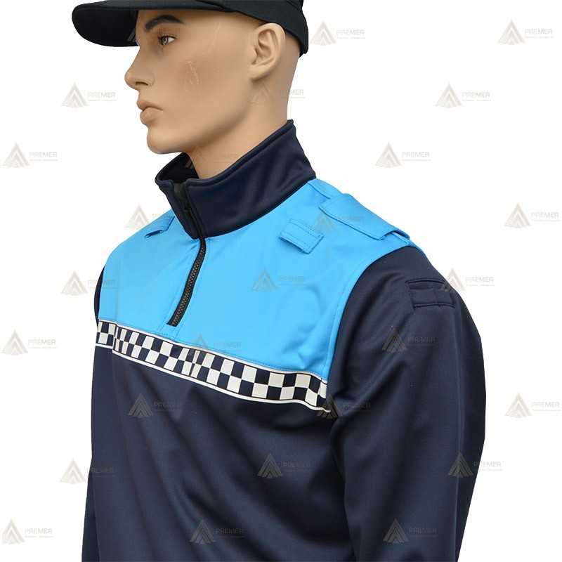 Jersey softshell bicolor color marino y azul tropical con membrana y cinta damero reflectante  para Policía Local