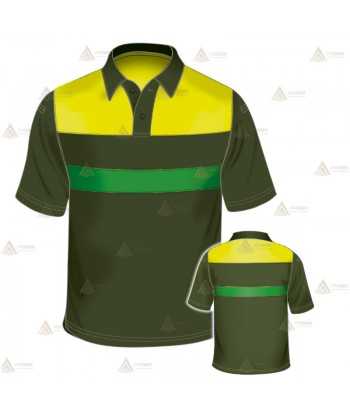 Polo transpirable de manga corta para Agentes Forestales en color verde militar y amarillo flúor