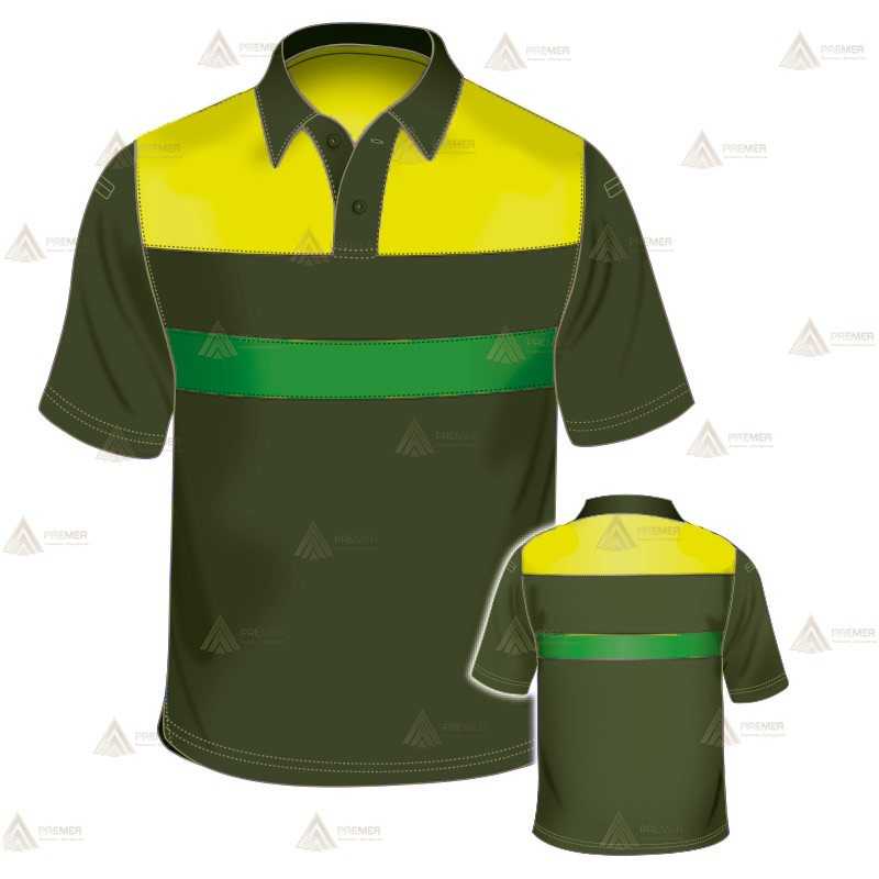 Polo transpirable de manga corta para Agentes Forestales en color verde militar y amarillo flúor