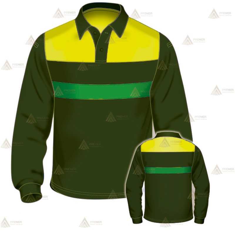 Polo de manga larga para Agentes Forestales y Medioambientales en color verde militar y amarillo flúor