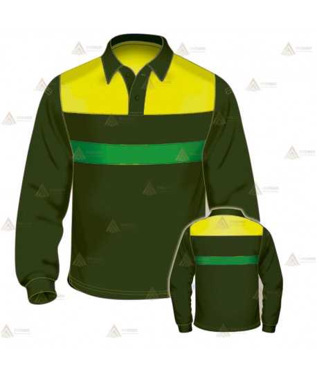 Polo de manga larga para Agentes Forestales y Medioambientales en color verde militar y amarillo flúor