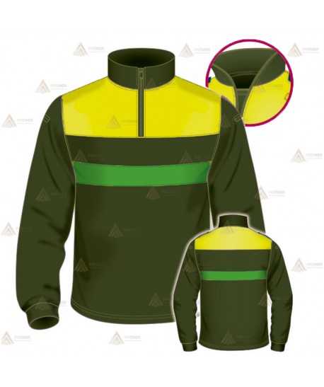 Polo con cuello cisne para Agentes Forestales y Medioambientales en color verde militar y amarillo flúor