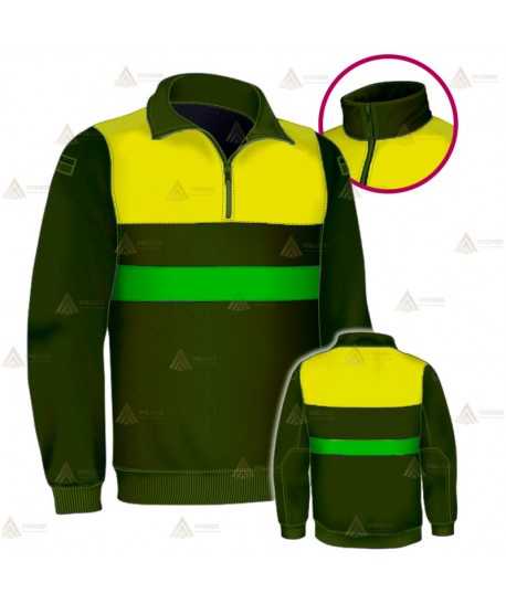 Jersey polar con media cremallera color verde militar y amarillo flúor para Agentes Rurales y Medioambientales