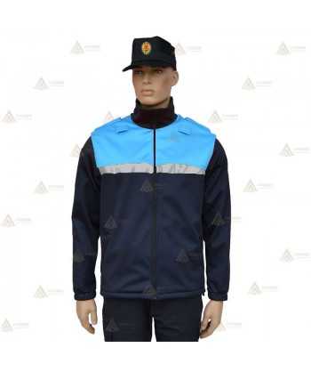 Chaqueta softshell color azul marino y azul tropical con cinta reflectante y membrana PU para Policía Local