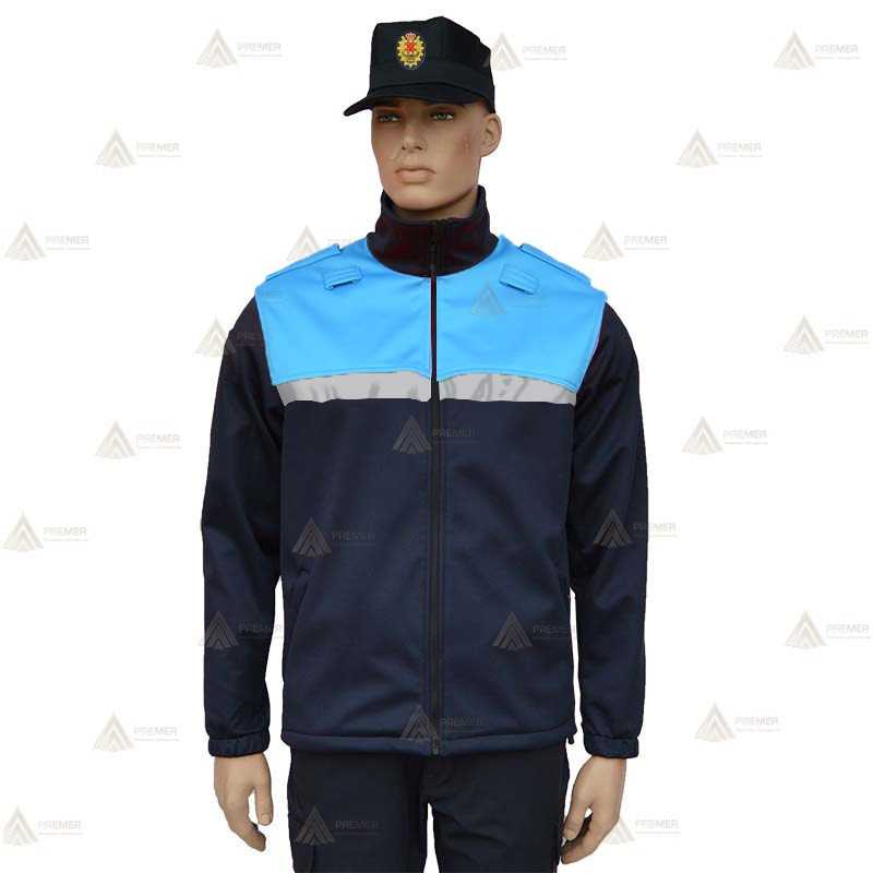 Chaqueta softshell color azul marino y azul tropical con cinta reflectante y membrana PU para Policía Local