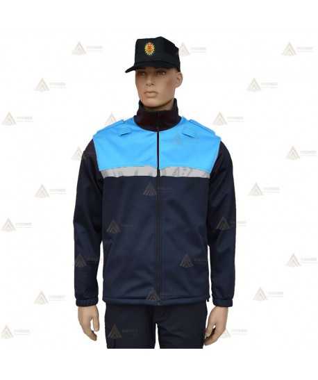 Chaqueta softshell color azul marino y azul tropical con cinta reflectante y membrana PU para Policía Local