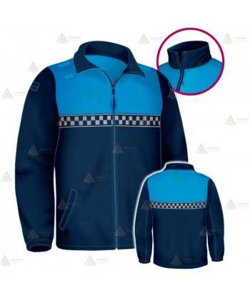 Chaqueta softshell color azul marino y azul tropical con damero reflectante y membrana PU para Policía Local