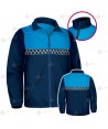 Chaqueta softshell color azul marino y azul tropical con damero reflectante y membrana PU para Policía Local
