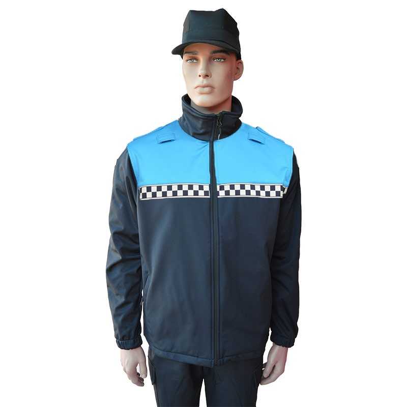 Chaqueta softshell color azul marino y azul tropical con damero reflectante y membrana PU para Policía Local