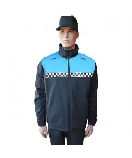 Chaqueta softshell color azul marino y azul tropical con damero reflectante y membrana PU para Policía Local