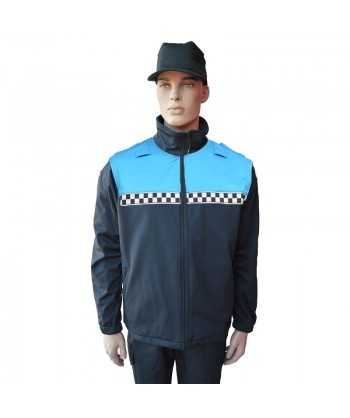 Chaqueta softshell color azul marino y azul tropical con damero reflectante y membrana PU para Policía Local
