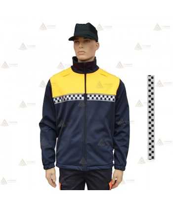 Chaqueta softshell color azul marino y amarillo flúor con damero reflectante y membrana PU para Policía Local