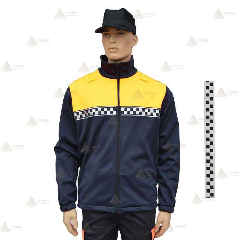 Chaqueta softshell color azul marino y amarillo flúor con damero reflectante y membrana PU para Policía Local