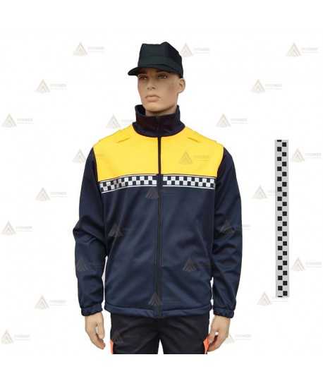 Chaqueta softshell color azul marino y amarillo flúor con damero reflectante y membrana PU para Policía Local