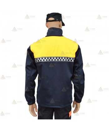 Chaqueta softshell color azul marino y amarillo flúor con damero reflectante y membrana PU para Policía Local