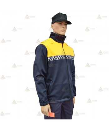 Chaqueta softshell color azul marino y amarillo flúor con damero reflectante y membrana PU para Policía Local