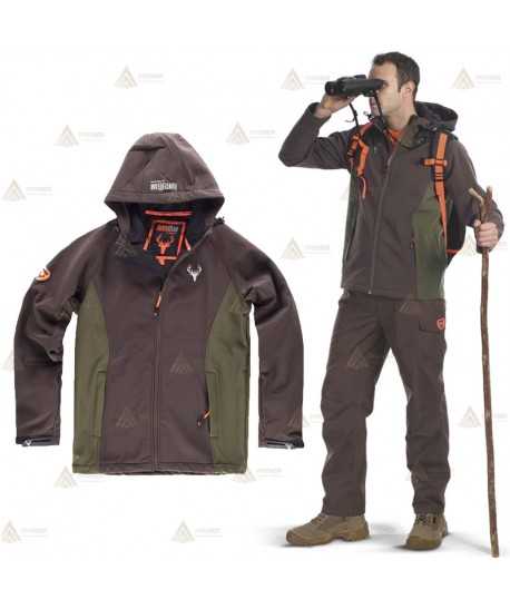 Cazadora softshell bicolor marrón/verde caza con capucha para Agentes Rurales