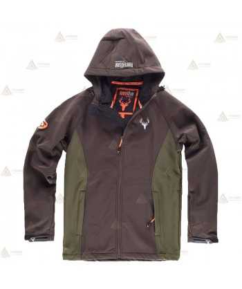 Cazadora softshell bicolor marrón/verde caza con capucha para Agentes Rurales