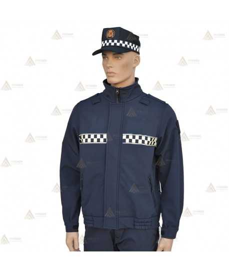 Cazadora softshell monocolor azul marino con damero reflectante y membrana impermeable  para Policía Local