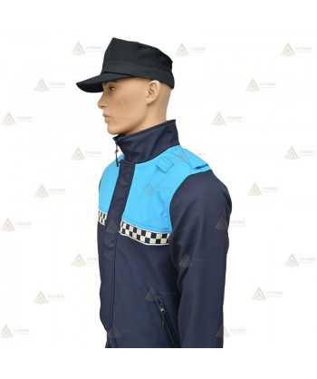 Cazadora softshell bicolor marino/azul tropical con membrana PU y damero reflectante color plata para Policía Local