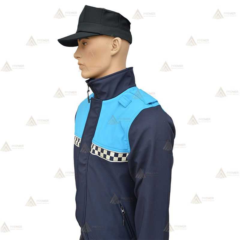 Cazadora softshell bicolor marino/azul tropical con membrana PU y damero reflectante color plata para Policía Local