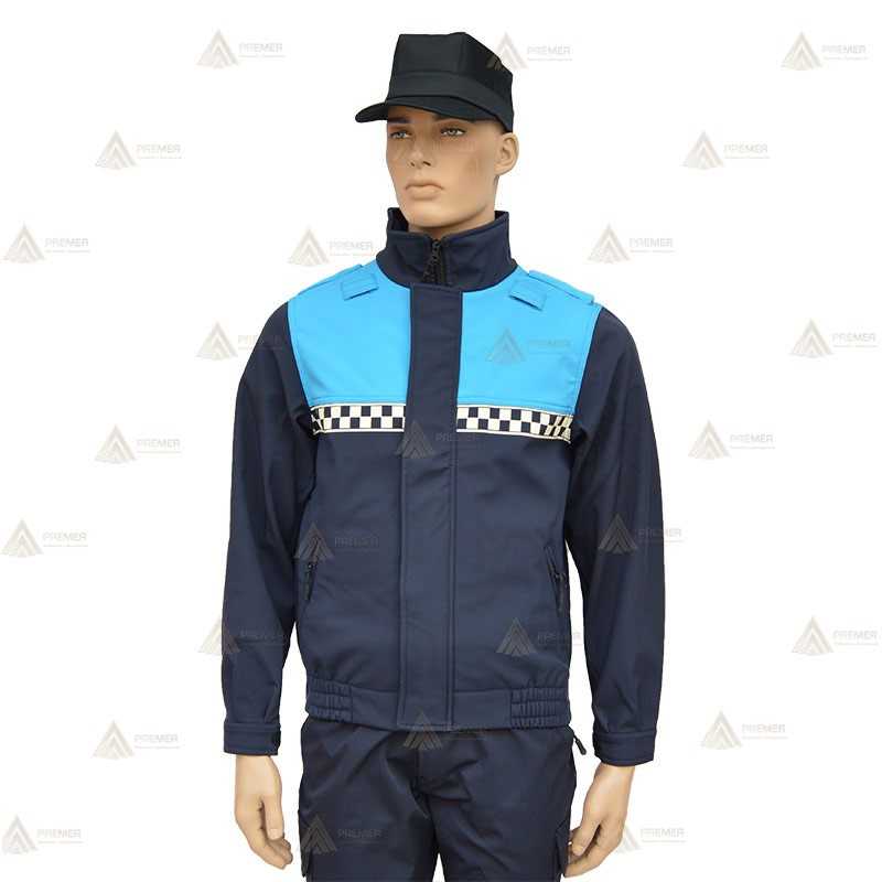 Cazadora softshell bicolor marino/azul tropical con membrana PU y damero reflectante color blanco para Policía Local