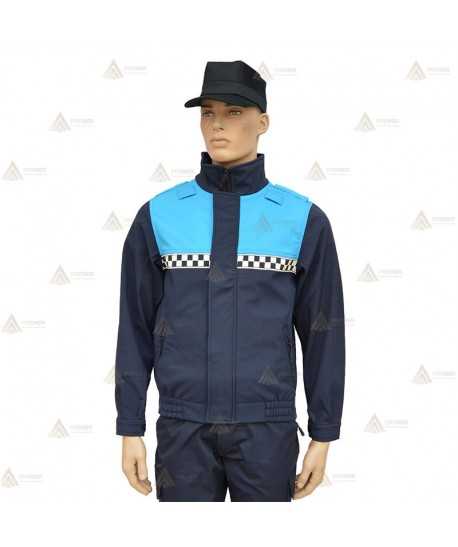 Cazadora softshell bicolor marino/azul tropical con membrana PU y damero reflectante color blanco para Policía Local
