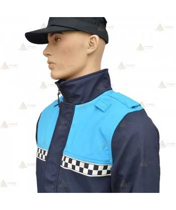 Cazadora softshell bicolor marino/azul tropical con membrana PU y damero reflectante color blanco para Policía Local