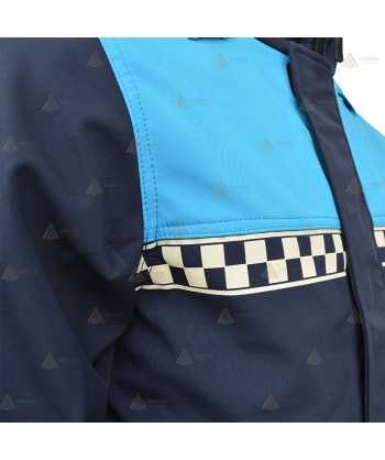 Cazadora softshell bicolor marino/azul tropical con membrana PU y damero reflectante color blanco para Policía Local