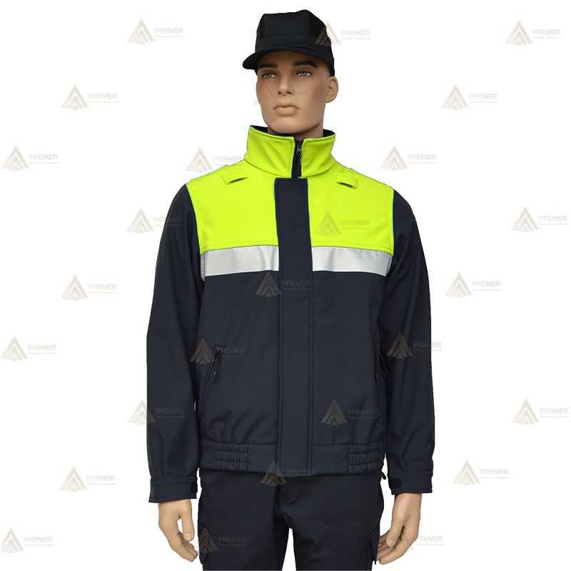 Cazadora softshell bicolor azul marino y amarillo flúor con cinta reflectante y membrana PU impermeable  para Policía Local
