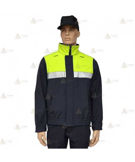Cazadora softshell bicolor azul marino y amarillo flúor con cinta reflectante y membrana PU impermeable  para Policía Local