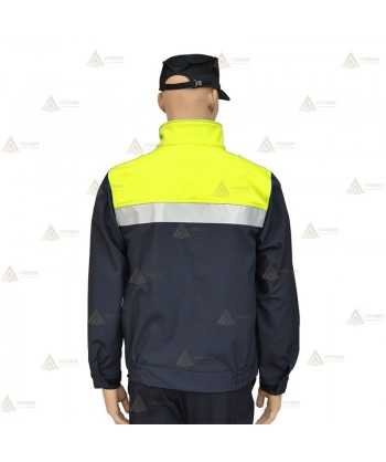 Cazadora softshell bicolor azul marino y amarillo flúor con cinta reflectante y membrana PU impermeable  para Policía Local