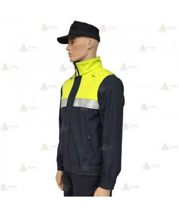 Cazadora softshell bicolor azul marino y amarillo flúor con cinta reflectante y membrana PU impermeable  para Policía Local